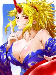  alternate_hairstyle bare_shoulders big_hair blonde_hair breasts cleavage commentary_request cup female horns hoshiguma_yuugi hoshiguma_yuugi_(kimono) huge_breasts japanese_clothes kimono partial_commentary pointy_ears ponytail purple_kimono red_eyes sakazuki single_horn solo touhou tuna_sand 