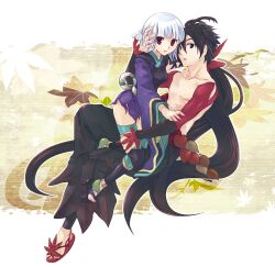  1boy commentary_request female hug katanagatari kumazm red_eyes short_hair togame yasuri_shichika 