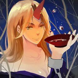  alcohol alternate_eye_color bare_shoulders bare_tree blonde_hair breasts cleavage commentary_request cuffs cup female horns hoshiguma_yuugi hoshiguma_yuugi_(kimono) looking_at_viewer medium_breasts moedai nail_polish red_eyes sakazuki sake shackles single_horn smile solo touhou tree yellow_eyes 