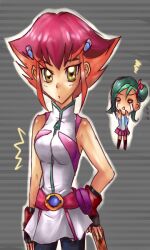  2girls belt bike_shorts breast_envy breasts card green_hair kouzuki_anna kozuki_anna_(yugioh_zexal) mizuki_kotori mizuki_kotori_(yuu-gi-ou_zexal) multicolored_hair multiple_girls orange_hair red_hair short_hair skirt tears yellow_eyes yu-gi-oh! yuu-gi-ou_zexal 