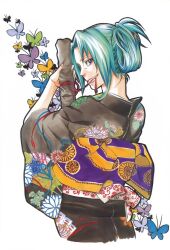  bow chrysanthemum chrysanthemum_print female floral_print flower from_behind green_eyes green_hair grey_kimono grin hair_up higurashi_no_naku_koro_ni japanese_clothes kimono long_hair looking_at_viewer looking_back mimori mouth_hold obi ribbon ribbon_in_mouth sash simple_background smile solo sonozaki_shion sword teeth_hold weapon weapon_bag yoigoshi-hen 