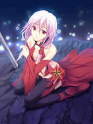  bare_shoulders black_thighhighs breasts center_opening cleavage commentary_request detached_sleeves female from_above guilty_crown long_hair looking_at_viewer looking_up medium_breasts open_mouth photoshop_(medium) pink_hair red_eyes sitting solo takepon thighhighs twintails wariza yuzuriha_inori 