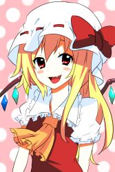  ascot blonde_hair blush_stickers collared_shirt commentary_request female flandre_scarlet frilled_shirt_collar frills hair_between_eyes hat hat_ribbon highres mob_cap negiko oerba_yun_fang open_mouth puffy_short_sleeves puffy_sleeves red_eyes red_ribbon red_vest ribbon ribbon-trimmed_headwear ribbon_trim shirt short_sleeves smile solo touhou upper_body vest white_hat white_shirt wings yellow_ascot 