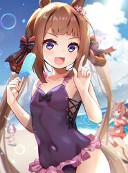  &gt;_&lt; 3girls :d animal_ears bare_arms bare_shoulders bikini black_bow blue_sky blurry blurry_background blush bow breasts brown_hair casual_one-piece_swimsuit closed_eyes cloud cloudy_sky commentary_request daiwa_scarlet_(trifle_vacation)_(umamusume) daiwa_scarlet_(umamusume) day depth_of_field food frilled_one-piece_swimsuit frills highres holding holding_food horizon horse_ears horse_girl horse_tail large_breasts looking_at_viewer meyamu multiple_girls ocean oerba_yun_fang one-piece_swimsuit outdoors popsicle purple_eyes purple_one-piece_swimsuit red_bikini running sky small_breasts smile solo_focus special_week_(hopping_vitamin_heart)_(umamusume) special_week_(umamusume) sweep_tosho_(monopolizing_the_chill?)_(umamusume) sweep_tosho_(umamusume) swimsuit tail twintails umamusume v-shaped_eyebrows water 