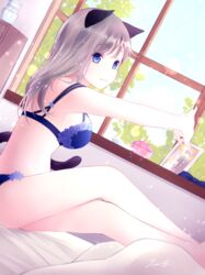  :3 ahira_yuzu animal_ears bedroom blue_eyes blush bra cat_ears cat_girl cat_tail crossed_legs day drawing_(object) female floral_print grey_hair highres indoors jewelry_box long_hair on_bed original outstretched_arms own_hands_together panties picture_frame rose_print shelf signature sitting sky smile solo strap_slip stretching tail tree underwear underwear_only window windowsill 