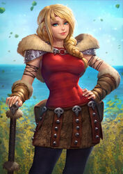  abs arm_warmers armor astrid_hofferson blonde_hair blue_eyes blue_sky braid breasts bush closed_mouth covered_abs cowboy_shot day female fur_trim hair_over_shoulder hand_on_own_hip headband horizon how_to_train_your_dragon long_hair looking_at_viewer medium_breasts motion_blur narrow_waist neoartcore o-ring ocean outdoors patreon_username photoshop_(medium) red_lips red_shirt shirt shoulder_armor single_braid skull sky smile solo toned watermark 