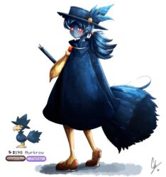  ascot blue_hair blue_skin blush bright_pupils broom brown_footwear closed_mouth colored_skin commentary creature_and_personification endifi english_commentary female from_behind full_body half-closed_eyes hat hat_feather heart highres long_hair looking_at_viewer murkrow numbered pantyhose personification pokedex_number pokemon pokemon_(creature) ponytail red_eyes shoes signature simple_background smile standing white_background white_pupils yellow_ascot yellow_legwear 