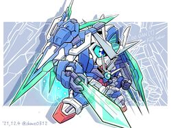  00_qan[t]_full_saber blue_eyes character_name chibi colored_sclera commentary dated english_text green_sclera gundam gundam_00 gundam_00_a_wakening_of_the_trailblazer mecha mobile_suit no_humans robot science_fiction sd_gundam shield shokkaa_(shmz61312) solo sword twitter_username v-fin weapon 