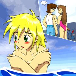  1:1_aspect_ratio bad_censor blonde_hair_female blue_bikini_top blue_water blush censored closed_eyes covering covering_breasts glistening_hair green_eyes_female light_brown_hair long_brown_hair mega_man mega_man_legends mega_man_volnutt open_eyes partially_submerged roll_caskett sea short_blonde_hair short_brown_hair short_hair_male tron_bonne 