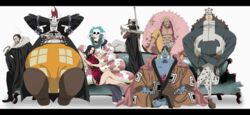  6+boys arms_behind_head bare_shoulders bartholomew_kuma black_hair blonde_hair blue_upholstery boa_hancock breasts brown_hair cigar couch donquixote_doflamingo dracule_mihawk earrings female gecko_moria hands_behind_head highres hook jewelry jimbei large_breasts legs long_hair long_image looking_at_viewer mizinko500002415668 multiple_boys one_piece salome salome_(one_piece) scar shichibukai shitara_(kaimetsu_joutai) short_hair simple_background sir_crocodile sitting smile snake sunglasses sword weapon white_background wide_image 