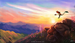  amazing_background ambiguous_gender anthro bovid caprine clothed clothing cloud detailed detailed_background felid flower fog goat holding_object holding_weapon hooves horn hybrid jumping kalambo mammal melee_weapon mountain outside plant polearm satyr shirt solo spear sunrise tail tail_tuft topwear tuft tunic weapon 