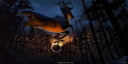  amazing_background antlers cloud dark_theme deer detailed detailed_background eclipse feral forest hooves horn jumping kalambo male mammal outside plant solo tree 