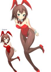  animal_ears baka_to_test_to_shoukanjuu barrettes blush bow bowtie breasts brown_hair bunny_ears bunny_girl bunny_suit bunny_tail bunnyears bunnygirl bunnysuit bunnytail cleavage collar comparison cuffs gender_change gender_swap green_eyes hair_clips hair_ornament hairclip kinoshita_hideyoshi medium_breasts no_bulge open_mouth pantyhose photoshop post_op red_shoes rule_63 shoes short_hair solo standing tail trap 