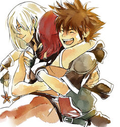  2boys blue_eyes brown_hair closed_eyes commentary english_commentary female gabriel_picolo gloves highres jacket jewelry kairi_(kingdom_hearts) kingdom_hearts kingdom_hearts_ii multiple_boys necklace photoshop_(medium) red_hair riku_(kingdom_hearts) short_hair sora_(kingdom_hearts) vest white_hair 