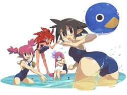  4girls :d :o ass ball barefoot beachball beast_master_(disgaea) black_hair blush_stickers brown_eyes dark-skinned_female dark_skin disgaea feet_out_of_frame female_brawler_(disgaea) glasses gunslinger_(disgaea) hand_on_own_hip hugging_object ishikawa_hideki kickboard leaning_forward mage_(disgaea) makai_senki_disgaea_3 multiple_girls oerba_yun_fang one-piece_swimsuit open_mouth partially_underwater_shot pink_eyes pink_hair playing pointy_ears pool poolside purple_eyes red_hair round_eyewear scared simple_background sitting skin_fang smile soaking_feet standing swimsuit teeth throwing tsurime turn_pale upper_teeth_only wading water white_background yellow_eyes 