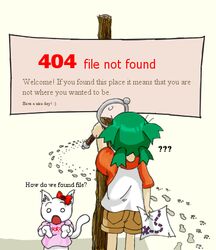  404 4chan bad_id bad_source english_text feline female footprints http_status_code imageboard_colors koiwai_yotsuba lowres magnifying_glass meme moot raglan_sleeves shrugging sign yotsubato! 