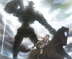  1boy agro_(shadow_of_the_colossus) colossus gaius_(shadow_of_the_colossus) horse male_focus perspective shadow_of_the_colossus sime_(echo) surcoat sword wander_(shadow_of_the_colossus) weapon 