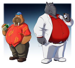  2021 anthro belly bottomwear brown_body clothing duo hat headgear headwear hiroshi_odokawa_(odd_taxi) humanoid_hands kuroda_(odd_taxi) male mammal marine odd_taxi overweight overweight_male pants pinniped pokelai shirt tapir topwear walrus 