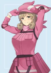  absurdres adjusting_clothes adjusting_headwear alternate_costume blush bow breasts brown_hair cosplay elbow_pads female green_eyes haruka_(senran_kagura) hat highres large_breasts lemonrou llenn_(sao) llenn_(sao)_(cosplay) looking_at_viewer scarf senran_kagura short_hair smile solo sword_art_online sword_art_online_alternative:_gun_gale_online 