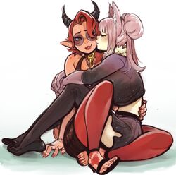  2girls animal_ear_fluff animal_ears cat_ears cece_(cece_vr) character_name closed_eyes collar colored_skin commentary commission crop_top double_bun dragon_girl dragon_horns english_commentary eymbee fingernails flats freckles hair_bun highres horns hug jewelry kissing kissing_cheek leggings lips lipstick makeup medium_hair midriff multicolored_skin multiple_girls necklace original pearl_necklace pink_hair pink_skin pointy_ears red_legwear rimless_eyewear round_eyewear sandals second-party_source sharp_fingernails sitting sitting_on_lap sitting_on_person skirt sleeves_pushed_up sunglasses tan two-tone_skin two_side_up vrchat yuri 