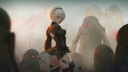  2b_(nier:automata) ass back_cutout black_dress black_gloves black_hairband black_thighhighs blue_eyes breasts clothing_cutout dress feather-trimmed_sleeves female furrowed_brow gloves hair_over_one_eye hairband highres holding holding_sword holding_weapon juliet_sleeves katana lips long_sleeves lucia_hsiang machine_(nier) medium_breasts nier:automata nier_(series) no_blindfold nose panties pantyshot perky_breasts puffy_sleeves red_eyes robot short_dress short_hair side_slit solo_focus surrounded sword thighhighs underwear vambraces virtuous_contract weapon white_hair wind wind_lift 