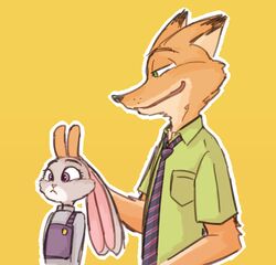  anthro bunny_ears_(gesture) canid canine clothed clothing disney duo ears_down fox fur gesture green_eyes grey_body grey_fur judy_hopps lagomorph leporid mammal necktie nick_wilde orange_body orange_fur pivoted_ears police police_uniform purple_eyes rabbit red_fox shirt simple_background smile topwear true_fox uniform yellow_background zootopia うあさ 