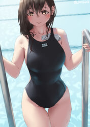  aya_(jonsun) black_one-piece_swimsuit breasts brown_hair closed_mouth collarbone commentary_request cowboy_shot female hair_between_eyes jonsun large_breasts looking_at_viewer medium_hair one-piece_swimsuit original pool smile solo swimsuit thigh_gap thighs twitter_username unworn_swim_cap water wet wet_hair 