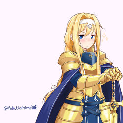  alice_zuberg angry armor armored_dress blonde_hair blue_cape blue_eyes blush braid breastplate cape commentary felutiahime female frown gauntlets gold_armor hair_intakes hairband highres holding holding_sword holding_weapon knight long_hair long_sleeves looking_at_viewer osmanthus_blade ribbon shoulder_armor simple_background solo sparkle sword sword_art_online sword_art_online:_alicization twitter_username v-shaped_eyebrows very_long_hair weapon white_hairband white_ribbon yellow_armor 