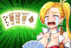  absurdres ace_(playing_card) ace_of_spades bare_shoulders blonde_hair breasts calamity_jane_(fate) card choker cleavage closed_eyes collarbone crying defeat earrings emphasis_lines fate/grand_order fate_(series) female highres holding holding_card hoop_earrings jack_(playing_card) jack_of_spades jewelry king_(playing_card) king_of_spades playing_card poker queen_(playing_card) queen_of_spades royal_flush side_ponytail solo sotomichi spade_(shape) streaming_tears tears ten_of_spades 