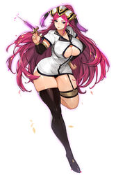  absurdres black_footwear black_panties braid breasts buttons cleavage closed_mouth collarbone commentary commission curvy dress female fire_emblem fire_emblem_heroes full_body garter_straps gurimjang hand_on_own_hip hat highres holding huge_breasts leg_up lips loki_(fire_emblem) long_hair long_legs looking_at_viewer nurse panties pixiv_commission purple_eyes purple_hair shiny_skin short_dress short_sleeves simple_background single_thighhigh smile solo syringe thick_thighs thighhighs thighs tied_hair underwear very_long_hair white_background 