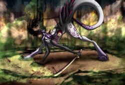  acid angry anthro attack bleach_(series) detailed_background explosion female feral fur fur_markings grey_body hi_res holding_object holding_weapon hollow_(bleach) katana looking_at_viewer markings melee_weapon monster purple_body solo spikes spikes_(anatomy) sword tipped_ears tsarinart weapon 