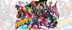  absurdres arisen_(dragon&#039;s_dogma) arm_cannon ashley_graham back brothers capcom company_connection copyright_notice crossover deadeye_(exoprimal) dragon&#039;s_dogma dragon&#039;s_dogma_(series) exoprimal fangs fiorayne_(monster_hunter) glowing glowing_eyes graffiti hat highres jamie_siu kimberly_jackson lan_hikari_(mega_man) leon_s._kennedy looking_at_viewer malzeno_(monster_hunter) mega_man_(series) mega_man_battle_network_(series) megaman.exe monster_hunter_(series) monster_hunter_rise multiple_crossover netnavi official_art power_suit resident_evil resident_evil_4 resident_evil_4_(remake) resident_evil_village rosemary_winters sharp_teeth siblings street_fighter street_fighter_6 teeth weapon 