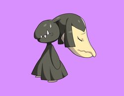  2022 black_arms black_body black_head bodily_fluids closed_eyes drunk_oak eyelashes full-length_portrait generation_3_pokemon hi_res mawile nintendo pokemon pokemon_(species) portrait purple_background side_view simple_background solo sweat sweatdrop teeth what 