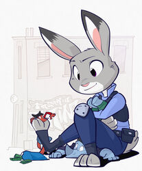  2017 3_toes 4_fingers anthro barefoot between_toes blue_body blue_clothing building canid canine clothed clothing digital_media_(artwork) dipstick_ears disney ducky_(artist) duffel_bag ear_markings extreme_size_difference eyebrows feet fingers fox fur gentle_giant graffiti grey_body grey_fur grey_tail group happy hat headgear headwear hi_res horn judy_hopps lagomorph larger_anthro larger_on_top leg_grab leporid looking_at_another looking_down lying macro mammal money multicolored_body multicolored_ears multicolored_fur on_top orange_body orange_fur outside pink_nose police police_uniform purple_eyes rabbit rhinoceros scut_tail short_tail sitting sitting_on sitting_on_back size_difference smaller_anthro smile tail toes uniform white_body white_fur zootopia 