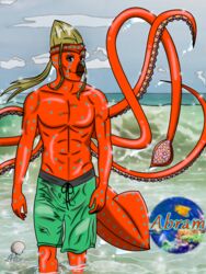  3:4 abram_the_squid anthro atreustheseaotter beach beak blonde_hair blue_sky bottomwear cephalopod clothing cloud coleoid decapodiform dripping fin glistening glistening_body green_bottomwear green_clothing green_shorts hair horizon knot long_hair male mantle marine mollusk orange_body ponytail purple_eyes ripples sea seaside shorts sky smile solo sparkles suckers swimming_trunks swimwear tentacle water watermark wave wet 