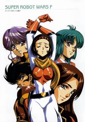  1980s_(style) 1boy 4girls belt black_belt black_hair black_headband blue_eyes blue_hair breasts brown_eyes brown_hair christina_mackenzie ciela_lapana closed_eyes copyright_name covered_navel crossover english_commentary getter_robo gloves gundam gundam_0080 headband highres kabuto_kouji looking_at_viewer mazinger_(series) mazinger_z medium_breasts multiple_crossover multiple_girls official_art orange_gloves orange_scarf parted_lips pilot_suit retro_artstyle ring_mao saotome_michiru scan scarf science_fiction seisenshi_dunbine short_hair skin_tight smile super_robot_wars super_robot_wars_f third-party_source urushihara_satoshi 