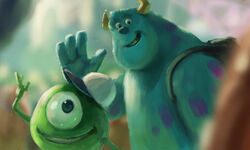  2013 5:3 anthro blue_body blue_fur clothing disney duo fur green_body hat headgear headwear horn humanoid_hands mike_wazowski monster monsters_inc pixar sulley yamowl 