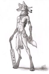  0laffson 2019 4_toes 5_fingers anthro barefoot biped bladed_weapon bottomwear breasts canid canine canis clothed clothing digitigrade featureless_breasts feet female fingers greyscale hi_res loincloth macuahuitl mammal maned_wolf monochrome simple_background smile solo toes topless traditional_media_(artwork) weapon white_background 