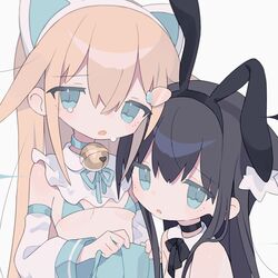  2girls ahoge animal_ear_fluff animal_ears aqua_bikini aqua_collar aqua_eyes aqua_ribbon bare_shoulders bell bikini black_choker black_hair black_hairband black_ribbon breasts carrot_hair_ornament cat_ears cat_girl choker collar daizu_(melon-lemon) detached_sleeves fake_animal_ears food-themed_hair_ornament hair_between_eyes hair_ornament hairband highres holding jingle_bell long_hair long_sleeves looking_at_viewer multiple_girls neck_bell neck_ribbon open_mouth orange_hair original rabbit_ears ribbon simple_background small_breasts string_bikini swimsuit tears upper_body white_background white_collar white_sleeves 