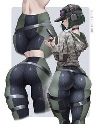  absurdres aelion_draws ass black_choker camouflage camouflage_jacket choker commentary ela_(rainbow_six_siege) english_commentary female from_behind goggles goggles_on_headwear green_eyes green_hair grey_background grey_headwear grey_jacket gun handgun hat headphones highres holding holding_gun holding_weapon hood hooded_jacket jacket leggings looking_at_viewer looking_back m1911 multiple_views navel patreon_username rainbow_six_siege short_hair simple_background stomach two-tone_background weapon white_background 