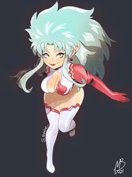  asymmetrical_gloves big_hair blue_hair breasts center_opening cleavage commentary earclip earrings elbow_gloves english_commentary eyeliner eymbee female full_body gloves green_hair jewelry leotard lips lipstick long_hair looking_at_viewer makeup medium_breasts mismatched_gloves pointy_ears red_lips running ryouko_(tenchi_muyou!) solo tenchi_muyou! thighhighs thighs yellow_eyes 