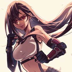  arm_armor bare_shoulders black_hair black_skirt breasts brown_hair clenched_hands crop_top detached_sleeves earrings female fighting_stance final_fantasy final_fantasy_vii final_fantasy_vii_remake fingerless_gloves gloves highres jewelry large_breasts lips long_hair red_eyes seilidare skirt solo suspender_skirt suspenders tank_top tifa_lockhart upper_body white_tank_top 