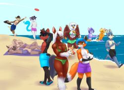  absurd_res anthro avian beach bikini black_body black_fur blonde_hair blue_body blue_fur blue_hair brown_body brown_fur canid canine clothed clothing digital_media_(artwork) enthis equid equine felid female footwear fox frisbee fur green_eyes group gryphon hair hat headgear headwear hendak hi_res horse isabelle_(mcgack) mammal mattocat metal_(artist) metal_(character) mythological_avian mythological_creature mythology orange_body orange_fur rocoro sandals sea seaside shaded skimpy swimming_trunks swimwear tegani thibby_(thibbycat) water white_hair 