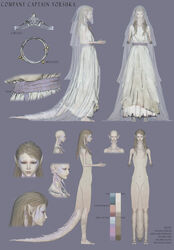  absurdres barefoot blue_eyes breasts bridal_veil brown_hair company_captain_yorshka dark_souls_(series) dark_souls_iii dragon_girl dragon_tail dress english_text female highres long_hair monster_girl multiple_views nipples non-web_source nude pointy_ears reference_sheet scales tail tiara veil 