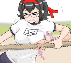  &gt;_&lt; accidental_pervert assha_(schector) black_buruma black_hair breasts buruma closed_eyes commentary_request ears_visible_through_hair female glasses groping gym_uniform hairband highres holding holding_rope jimiko motion_lines nervous original outdoors red_hairband rope shirt short_hair short_sleeves sound_effects sweat tug_of_war unlikely_accident wavy_mouth white_shirt 