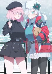  2girls akitokage anastasia_(fate) anastasia_(shvibzik_snow)_(fate) belt beret black_capelet black_coat black_headwear black_pantyhose blue_eyes blue_sweater blush breasts buttons capelet coat coat_dress collared_shirt doll double-breasted fate/grand_order fate_(series) fur-trimmed_jacket fur_hat fur_trim hair_ornament hair_over_one_eye hat highres holding holding_doll holly_hair_ornament jacket large_breasts light_purple_hair long_hair long_sleeves looking_at_viewer mash_kyrielight mash_kyrielight_(traveling_outfit) multiple_girls official_alternate_costume open_mouth pantyhose pleated_skirt purple_eyes red_jacket shirt short_hair skirt smile snow snowing sweater ushanka very_long_hair viy_(fate) white_hair white_skirt 