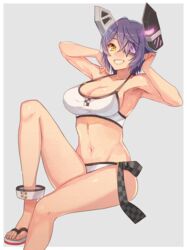  bare_arms bare_legs bare_shoulders bikini breasts checkered cleavage collarbone duplicate eyepatch female flip-flops grey_background grin headgear kantai_collection kasumi_(skchkko) large_breasts looking_at_viewer navel official_alternate_costume pixel-perfect_duplicate purple_hair sandals short_hair smile solo swimsuit tenryuu_(kancolle) tenryuu_(swimsuit_mode)_(kancolle) toes white_bikini yellow_eyes 