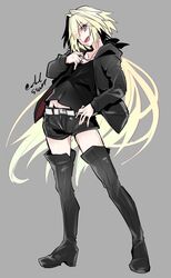  1boy artoria_pendragon_(fate) astolfo_(fate) belt black_bow black_footwear black_hoodie black_ribbon black_shirt black_shorts blue_eyes boots bow commentary_request cosplay dark_persona denim denim_shorts eyes_visible_through_hair fate/grand_order fate_(series) grey_background hair_down hair_intakes hand_on_own_hip haoro highres hood hoodie long_hair long_sleeves male_focus oerba_yun_fang official_alternate_costume ribbon saber_alter saber_alter_(cosplay) saber_alter_(ver._shinjuku_1999)_(fate) saber_alter_(ver._shinjuku_1999)_(fate)_(cosplay) shirt shorts signature simple_background skin_fang solo standing thigh_boots thighhighs twitter_username very_long_hair white_belt white_hair 