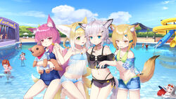  4boys 6+girls absurdres ahoge alternate_costume angelina_(arknights) angelina_(summer_flower)_(arknights) animal_ear_fluff animal_ears ansel_(arknights) ansel_(casual_vacation)_(arknights) arknights ass_visible_through_thighs bikini bikini_under_clothes black_bikini blonde_hair blue_bikini blue_eyes blue_one-piece_swimsuit blue_shirt braid breasts brother_and_sister brown_eyes camisole candy castle-3_(arknights) castle-3_(sum019.ver)_(arknights) cellphone ceobe_(arknights) ceobe_(summer_flowers)_(arknights) cloud covered_navel day earrings eyjafjalla_(arknights) eyjafjalla_(summer_flower)_(arknights) face-to-face food fox_ears fox_girl fox_tail green_bikini green_eyes gummy_(arknights) gummy_(summer_flowers)_(arknights) hair_ornament hairband hairclip hand_on_another&#039;s_shoulder hand_on_another&#039;s_waist highres holding_hands hugging_object ifrit_(arknights) ifrit_(sunburn)_(arknights) jaye_(arknights) jewelry kano_(kotailo) la_pluma_(arknights) lollipop long_hair low_twintails material_growth matterhorn_(arknights) matterhorn_(beach_guard)_(arknights) morte_(arknights) multiple_boys multiple_girls name_tag navel off-shoulder_bikini off_shoulder official_alternate_costume old_school_swimsuit one-piece_swimsuit one_eye_closed open_clothes open_mouth open_shorts oripathy_lesion_(arknights) outdoors phone polka_dot polka_dot_bikini pool provence_(arknights) provence_(casual_vacation)_(arknights) purple_eyes purple_hair rabbit_boy rabbit_ears rope_(arknights) rope_(summer_flowers)_(arknights) school_swimsuit see-through shamare_(arknights) shirt short_hair short_shorts short_sleeves short_twintails shorts siblings skadi_(arknights) skadi_(waverider)_(arknights) sky small_breasts smartphone smile sora_(arknights) sora_(summer_flowers)_(arknights) stage step-siblings stuffed_animal stuffed_toy sussurro_(arknights) sussurro_(summer_flower)_(arknights) suzuran_(arknights) swimsuit tail teddy_bear tequila_(arknights) thighs twin_braids twintails unbuttoned unzipped vermeil_(arknights) vigna_(arknights) vigna_(casual_vacation)_(arknights) water_slide white_hair zipper 