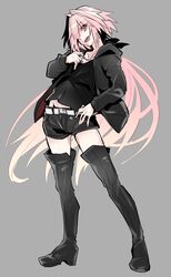  1boy artoria_pendragon_(fate) astolfo_(fate) belt black_bow black_footwear black_hoodie black_ribbon black_shirt black_shorts boots bow commentary_request cosplay denim denim_shorts eyes_visible_through_hair fate/grand_order fate_(series) grey_background hair_down hair_intakes hand_on_own_hip haoro highres hood hoodie long_hair long_sleeves male_focus multicolored_hair oerba_yun_fang official_alternate_costume pink_eyes pink_hair ribbon saber_alter saber_alter_(cosplay) saber_alter_(ver._shinjuku_1999)_(fate) saber_alter_(ver._shinjuku_1999)_(fate)_(cosplay) shirt shorts simple_background skin_fang solo standing streaked_hair thigh_boots thighhighs very_long_hair white_belt white_hair 